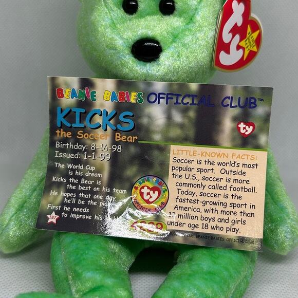 TY BEANIE BABY KICKS Soccer Bear DOB 8/16/1998 Plush Stuffed Animal & Card - Picture 7 of 7